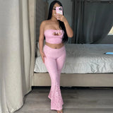 YESMYTOOL  -  Mesh Lace Two Piece Set 2024 Summer Double-layer Hollow Strapless Crop Top Slim Fit Flared Pants Party Club Streetwear