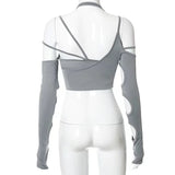 YESMYTOOL  -  Hollow Out Crop Top for Girls, Off Shoulder Halter, Oversleeve Backless Patchwork, Summer Urban Leisure Streetwear, Y2K