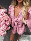 YESMYTOOL  -  Sexy Pink Bow Coarse Needle Sweater Women Chic V Neck Long Trumpet Sleeves Loose Cardigan 2024 Autumn Lady High Streetwear