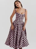 YESMYTOOL  -  Plaid Sling Dress Women Sexy Spaghetti Strap Backless A Line Female Maxi Dresses Party Holiday Robe Vintage 2024 Spring Summer