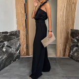 YESMYTOOL  -  Sexy Halter Off Shoulder Commuter Jumpsuit Women Spring Solid High Waist Straight Romper Summer Back Zip Wide Leg Pants Overalls