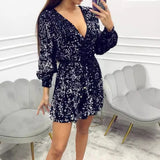 YESMYTOOL  -  Sexy Deep V-neck Long Sleeve Mini Dress Women Fashion Shiny Sequins Lace-up A-Line Dress Fashion Hight Waist Club Party Dresses