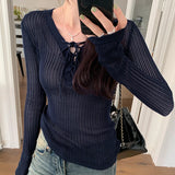 YESMYTOOL  -  Women Black Beige Blue Elegant Casual Hollow Out V-neck Long Sleeved Slim Lace-up Pullover Knit Top Spring Summer Simplicity New