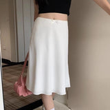 YESMYTOOL  - Elegant White Women Skirt Fairycore Ruffle Mid Skirts Coquette Summer Sexy A-line Basic Casual Korean Style Silk Skirt