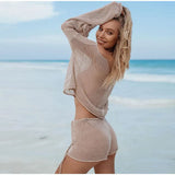 YESMYTOOL  -   Sexy Beach Crop Top Shorts Sets Women Knit Long Sleeve Lace Up Female Suit Summer Holiday See Through 2 Piece Set Womens