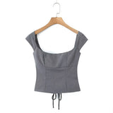 YESMYTOOL  -  Top Short Sleeve Square Neck Ladies Sexy Chic Tops Y2K Women Lace Up Bandage Back Gray Crop