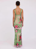 YESMYTOOL  -  Womens Deep V-neck Sleeveless Backless Evening Party Dresses Elegant Summer High Waist Floral Printed Bodycon Long Green Dress