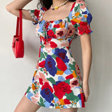 YESMYTOOL   - 2024 Summer Women's dress Beach Style A-LINE Floral Printing Miniskirt Strapless Holiday trip female clothing