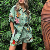 YESMYTOOL  -  2024 Summer Pattern Print Loose Two Piece Sets Casual Vacation Single Breasted Shirt Outfit Women's Fashion Lace Up Shorts Suit