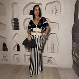 YESMYTOOL  -  Striped Knitted Beach Two Piece Sets Women Summer Sexy Hollow Out V-neck Crop Tops Slim Long Skirts Bohemian Holiday Outfits