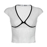 YESMYTOOL  -  Y2K V Neck White Sexy Lace T-shirts Female Stripe Spliced Slim Summer Cropped Tops Bow Transparent Sweet Tee Cutecore