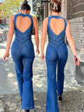 YESMYTOOL  -  2024 Summer Sleeveless Zip-up High Waist Denim Jumpsuits Streetwear Vintage Women's Loving Heart Backless Tunics Jeans Overalls