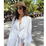 YESMYTOOL  -  High Street White Long Sleeve Shirt Suits Stand Collar Button Top Pleated Shorts Two Piece Sets Beachwear Casual Suits For Women