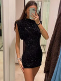 YESMYTOOL  -  Shiny Short Dress Female Y2K Chic Christmas Evening Party Vestidos Fashion Sequin Mini Dress For Women Elegant O-Neck Fly Sleeve