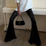 YESMYTOOL  -  Fashion Black Skinny Lace Trousers Full Length Solid Transparent Sexy Party Thin Flared Pants Vintage Elegant Bottoms