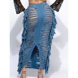 YESMYTOOL  -  Tassel Ripped Split Denim Long Skirt 2024 Summer Trendy Hollow Out Slight Strech High Waist Bottom Party Club Streetwear