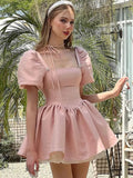 YESMYTOOL  -  Y2K Pink Satin Princess Short Dresses for Women Puff Sleeve Square Collar Ruffles A-line Evening Party Dress Kawaii Mini Vestido