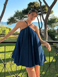 YESMYTOOL  -  Elegant Sleeveless Denim Halter Women Dress Backless Big Hem Pleated Mini Dresses 2024 Summer Female Night Party Club Vestidos