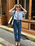 YESMYTOOL  -  Blue Striped Lace- Up Blouse Women 2025 Spring New V Neck Half Sleeve Short Shirts Tops Elegant Casual Cropped Blouses Female