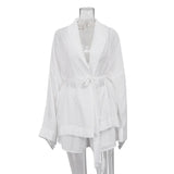 YESMYTOOL  -  2024 Fashion Loose White 2 Piece Club Outfits Summer Lace Up Sexy Two Piece Set Women Vacation Beach Cover Up and Shorts Set