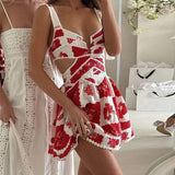 YESMYTOOL  -  Sexy Printed Hallow Out Strap Dress Women High Waist Sleeveless V-neck Female Mini Dresses 2024 Summer Party Lady Vestidos