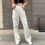 YESMYTOOL  -  High Waist Casual Jeans 2024 Women Fashion White Blue Loose Omighty Wide Leg Pocket Cargo Pants Vintage Solid Overalls Trouser