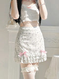 YESMYTOOL  -  Floral Print Ruffle Mini Skirt White Kawaii Lolita Skirts Japanese Style Aesthetic Outfit Straight Bow Skirts Y2K Faldas