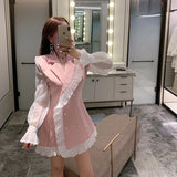 YESMYTOOL  -  Spring Autumn New Elegant Sexy Lotus Leaf Edge Stitching Pearl Buckle Slim Lapel Suit Dress Women Sweet Long Sleeve Blazer Dress