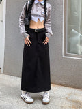 YESMYTOOL  -  Grey Skirts Women Black High-waist Side-split Midi Skirt Ladies A-line Vintage Elegant All-match Simple Fashion Streetwear Y2K