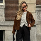 YESMYTOOL  -  Vintage Suede Short Jackets Women Casual Lapel Single-breasted Long Sleeve Coat 2024 Autumn New Female Chic Brown Tops Outwear