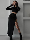 YESMYTOOL  -  Side Slits Lace Up Skirt Sets Sexy Slim Solid Bodycon Crop Tops Woman High Waist Maxi Skirts 2 Piece Suits Womens Outfits