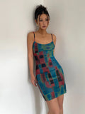 YESMYTOOL  - Pure Desire Spicy Girl Tie Dyed Double-layer Mesh Printed Slim Fitting Suspender Dress, Checkered Sexy Buttocks Wrapped Skirt