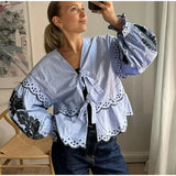 YESMYTOOL  -  Casual Lace Up Women Embroidery Blouse V-neck Lantern Sleeve Blouse Wave Cut Eyelet Female Tops 2024 Spring Fashion Female Tops