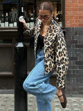 YESMYTOOL  -  Women Casual Leopard Print Bomber Jacket Elegant Lapel Long Sleeves Zipper Pockets Loose Coat 2024 Autumn Lady High Streetwewar