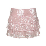 YESMYTOOL  -  Sweet Pink Sequined Party Skirt Women Korean Fashion Bow Bling Sexy Mini Skirts Three-Layer Coquette Clothes Clubwear