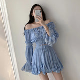 YESMYTOOL  - Flare Sleeve Slack Neck Shirts+Ruffle Skirt Vacation Summer 2 Piece Set Fashion Solid T-shirts And Pleat A-line Short Skirts Set