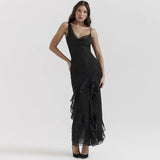 YESMYTOOL  - Sexy Low-cut Sleeveless Ruffle Split Long Dresses For Women 2024 Elegant Black Evening Dress Night Out Party Wears