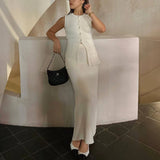 YESMYTOOL  -  Summer Fashion Knitted Skirt Suit Sleeveless Vest Pocket Slit High Waist Long Skirt Elegant White Ribbed Knitwear Outfits