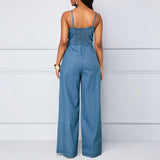 YESMYTOOL  - Summer Women Denim Jumpsuit Fashion High Waist Wide Leg Long Pants Romper Front Tie Knotted Jeans V-neck Overalls Playsuits