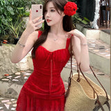 YESMYTOOL  -  Summer Red Dress Irregular Short Dresses For Women’s 2024 New Formal Seaside Holiday Elegant Female Korean Fashion Party Dresses