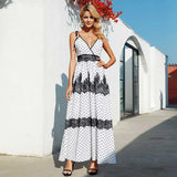 YESMYTOOL  -  white polka dot summer dress new strappy V-neck lace trim long women dress pleasted low back party dresses