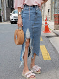 YESMYTOOL  -  Women Summer Tassel Hem Split Irregular Denim Midi Skirt Female High Waist Casual Blue Ripped Side Jeans Skirts