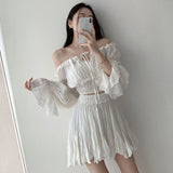 YESMYTOOL  - Flare Sleeve Slack Neck Shirts+Ruffle Skirt Vacation Summer 2 Piece Set Fashion Solid T-shirts And Pleat A-line Short Skirts Set