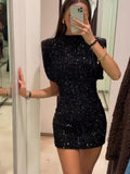 YESMYTOOL  -  Shiny Short Dress Female Y2K Chic Christmas Evening Party Vestidos Fashion Sequin Mini Dress For Women Elegant O-Neck Fly Sleeve