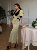 YESMYTOOL  -  Elegant Doll Collar Puff Sleeve Long Dress Woman Sweet Floral Print Split Skirt With Lace Up Belt Fashion Party Commute Dresses