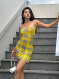 YESMYTOOL  -  Summer Women's Mini Dress Fashion Y2K Women's Yellow Plaid Sling Dress Slim Sexy Package Hip Dress Club dopamine women's dresses