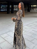 YESMYTOOL   -  V-neck Leopard Print Slit Long Dress Women Hollow Lace Up Long Sleeved Maxi Dress Lady Sexy Fashion High Street Party Vestidos