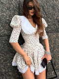 YESMYTOOL  -   Lace-up Slim Floral Dress Women Elegant Luxury Lace Turn Collar Short Sleeve Folds Dresses Femme Party Retro Dress Lady