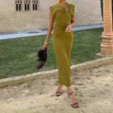 YESMYTOOL  -  Summer Elegant Sleeveless Pleated Dress Sexy Olive Tight Waist Slim Satin Dress Casual Pleated Beach Holiday Party Long Robe