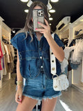 YESMYTOOL  -  Turn Down Collar Vintage Women Denim Vest Autumn Winter Short Tops Pockets Fashion Sleeveless Crop Top Denim Clothing